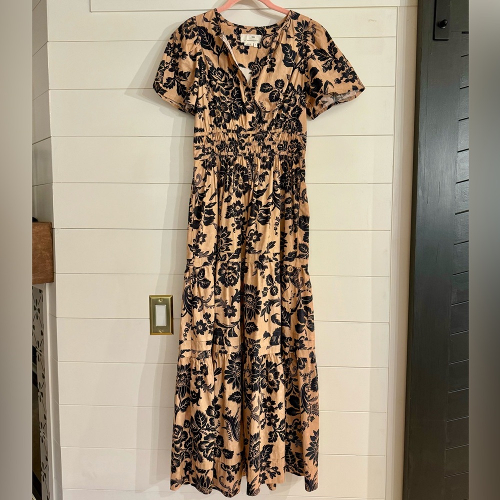Anthropologie Black and Tan Floral Maxi Dress